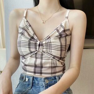Kawaii Neutral Beige Plaid Bow Cami Summer Crop Tank Top